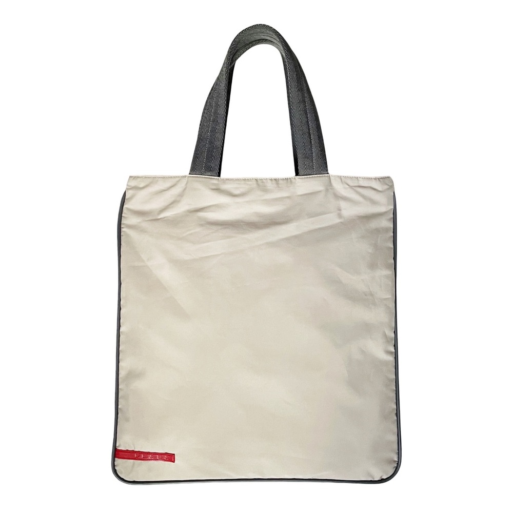 Prada Y2K gray tech fabric red logo zip tote bag minimalist sport